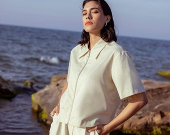 Maeve Pale Green Ziped Poplin Shirt