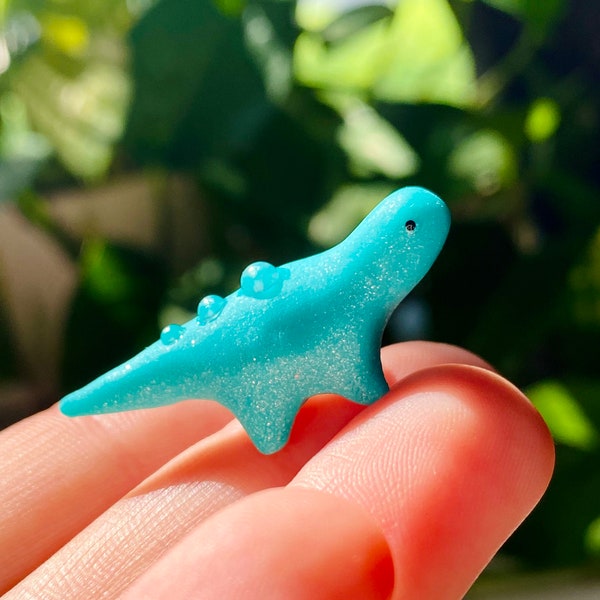 tiny dinosaur sparkly turquoise cute handmade clay miniature, micro miniature, desk friend, tiny little dino, creature miniature