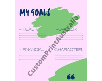 May include: A pink and green printable goal setting worksheet with the text "MY GOALS" in blue. The worksheet is divided into four sections: Health, Career, Financial, and Character. Each section has lines for writing goals. The bottom of the worksheet has a quote in blue: "A goal without a timeline is just a dream."