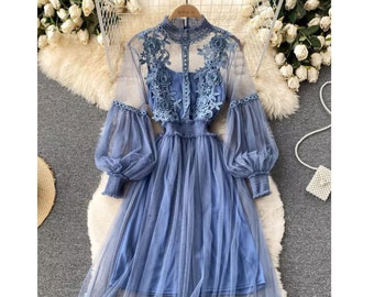 Lace up Dress for Women Prairie Dress Retro Beach Dress Boho Maxi dress Lantern Sleeve Dress Sheer Dress Beach Wedding Dress