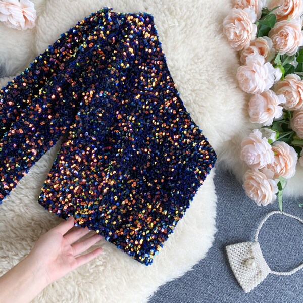Sparkling Gold Sequin Tassel Long Sleeve Top