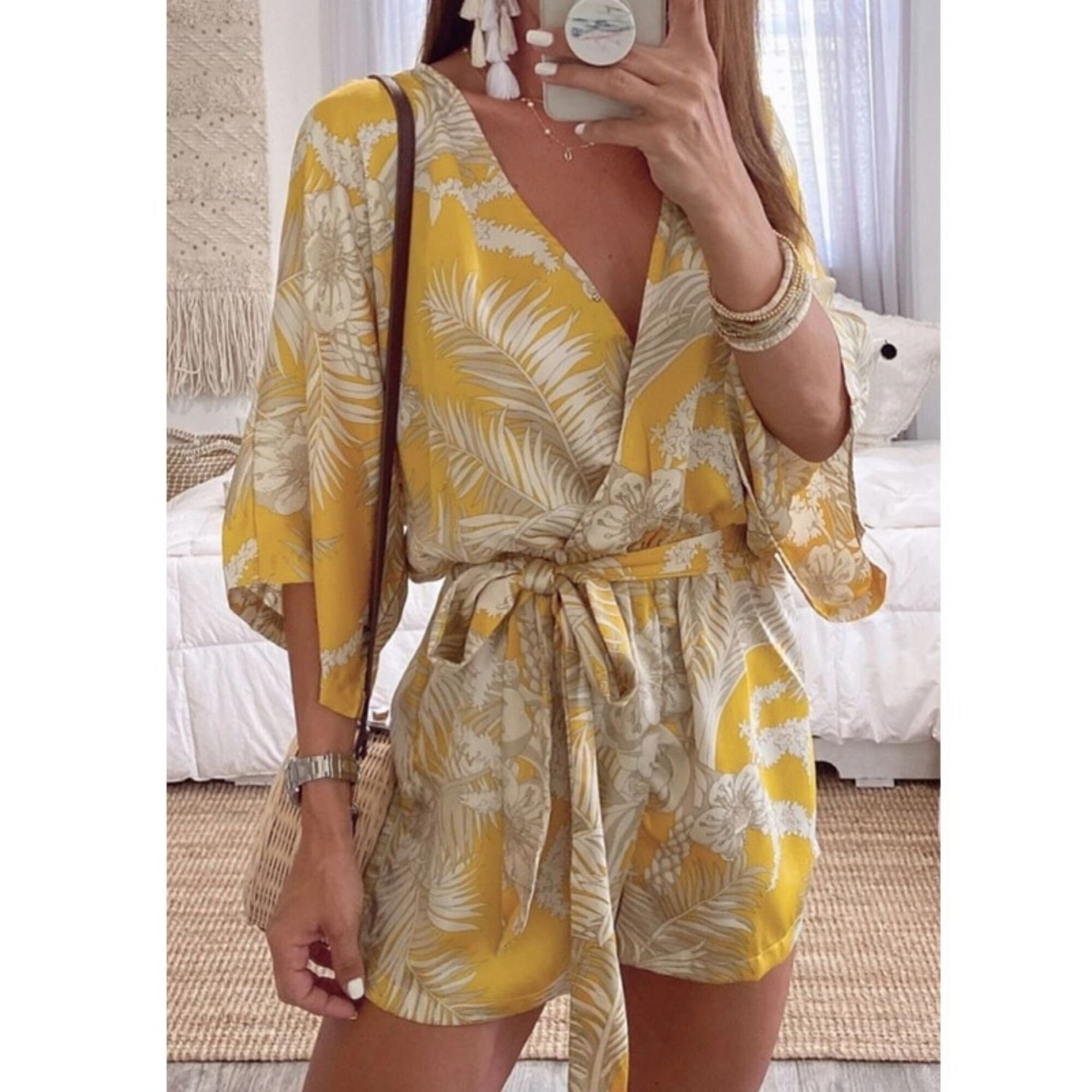  Women Casual Loose Lace up Short Sleeve Belted Jumpsuits Wide  Leg Pant Romper One Piece Playsuit (Beige Small) : Clothing, Shoes & Jewelry