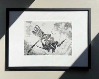 Original dragonfly monotype print - simple single line insect illustration,  scandi style decor, modern neutral home wall art