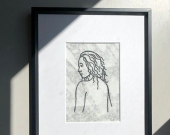 Original monotype print of a woman- simple single line sketch of a lady,  scandi style portrait