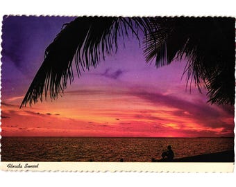 Vintage Florida solnedgångsvykort 1973 Tampa poststämpel naturskön utsikt tropisk scen