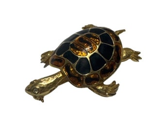 Vintage Gold Ton Schwarz und Bernstein Cloisonne Schildkröte Pin Brosche