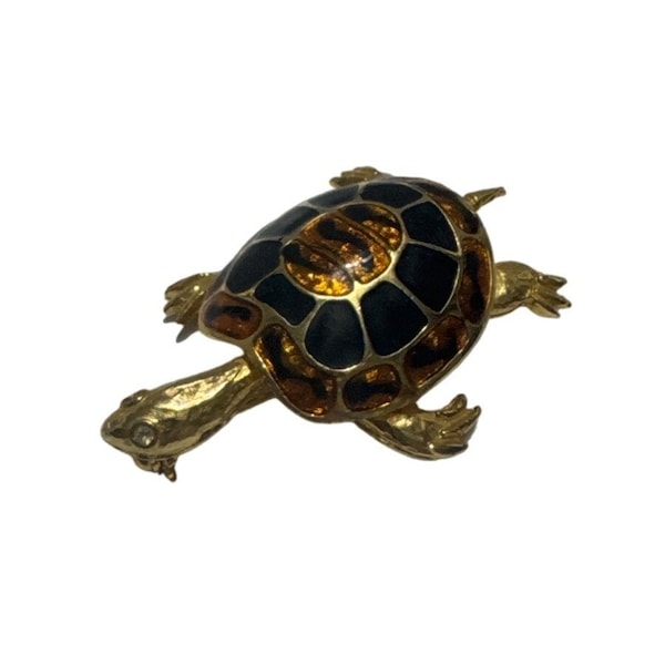 Vintage Gold Tone Black and Amber Cloisonne Turtle Pin Brooch