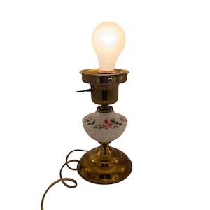Vintage Brass & Porcelain Table Lamp With Floral Design No Shade