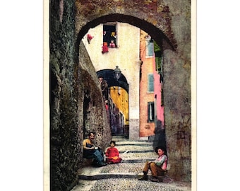 Vintage Menton-ansichtkaart Rue De La Vieille Ville, Frankrijk Kleur