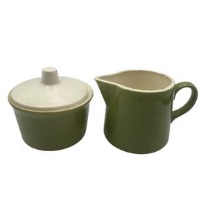 Green Ceramic Creamer And Sugar Bowl Set With Lid Ivory Interior Mid Century Design