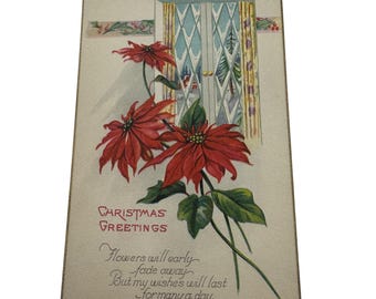Vintage Embossed Christmas Postcard With Poinsettias & Window Design