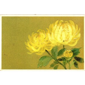Peut inclure: Une carte postale rectangulaire présentant une peinture de deux grandes fleurs de chrysanthème jaune vif et d'un bouton jaune plus petit et fermé. Les fleurs sont sur un fond texturé vert olive avec des feuilles vertes.