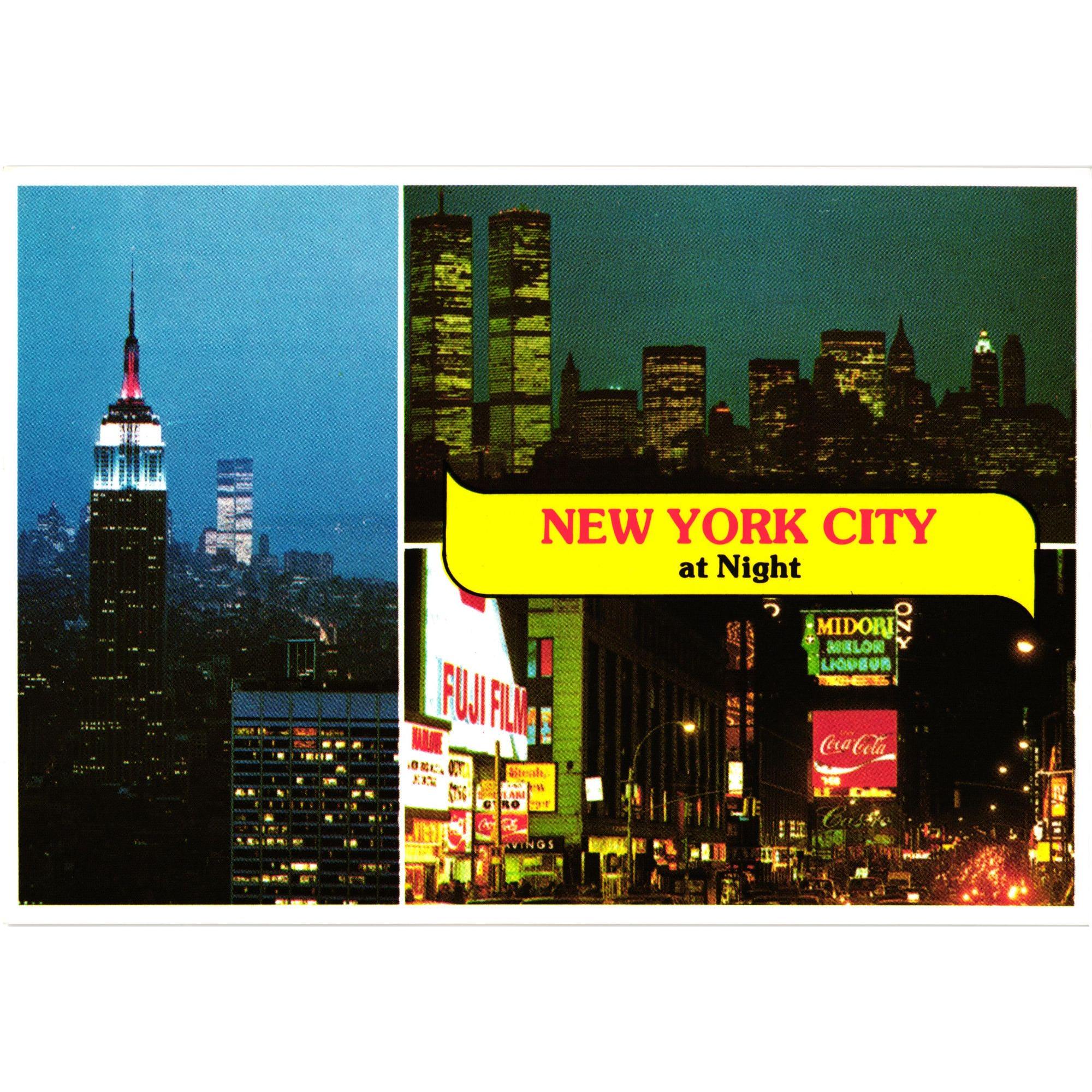 New York City at Night Postcard Empire State Twin Towers Times