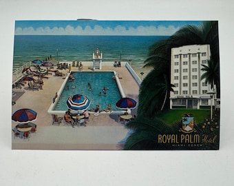 Vintage Royal Palm Hotel Miami Beach Postcard Unused Oceanfront Pool Scene