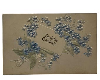 German Embossed Birthday Greetings Postcard With Blue Forget Me Not Flowers
