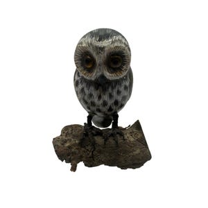Hand-Carved Wooden Owl Figurine On Natural Wood Base