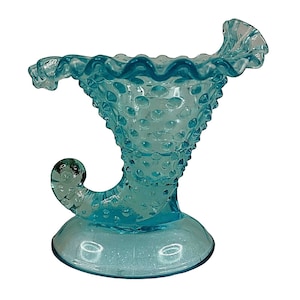 Vintage Fenton azul Hobnail vidrio Cornucopia cuerno candelabro jarrón