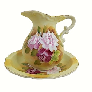Vintage Roses Bowl Pitcher Wash Basin Japan Small Decorative 6&quot; Hand Painted