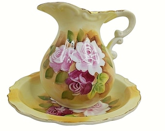 Vintage Roses Bowl Pitcher Wash Basin Japan Small Decorative 6&quot; Hand Painted