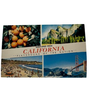 Vintage Greetings From California Carte postale Aire de jeux de la nation Images de paysages de style lin inutilisés