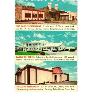 May include: Vintage postcard featuring three buildings: The Castle Restaurant, Castle Inn Motel, and L'Alcove Restaurant. The Castle Restaurant has a castle-like facade. The motel is a white building with a colonnade. L'Alcove Restaurant has a red roof.