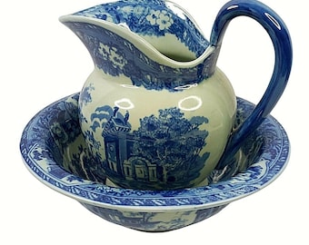 Vintage Ironstone Flow Blue Large Water Pitcher and Basin Victoria Ware