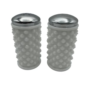 Vintage White Milk Glass Hobnail Salt & Pepper Shakers With Chrome Lids