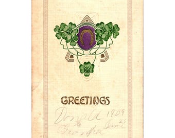 Antique 1909 Postcard Clover Horseshoe Greetings Embossed Design Scripted Writing
