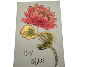 Antique Embossed Postcard With Gold & Red Flower Design Best Wishes