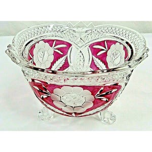 Vintage Ruby Footed Bowl Floral Pressed Glass Candy Dish Clear No Lid 4&quot; High