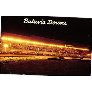 May include: A vintage postcard featuring a night view of the Batavia Downs racetrack. The grandstand is illuminated by a long row of bright yellow lights against a dark sky. The text Batavia Downs is printed in white script at the top center.
