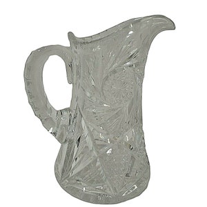 Vintage American Brilliant Cut Glass Water Pitcher Notched C Handle Pinwheels