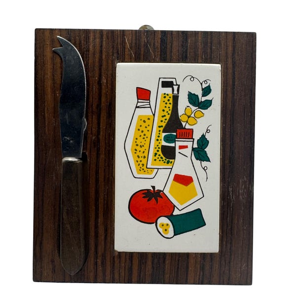 Vintage MCM Kitchen Wall Mounted Knife Holder Retro Food Graphics Ceramic Tile