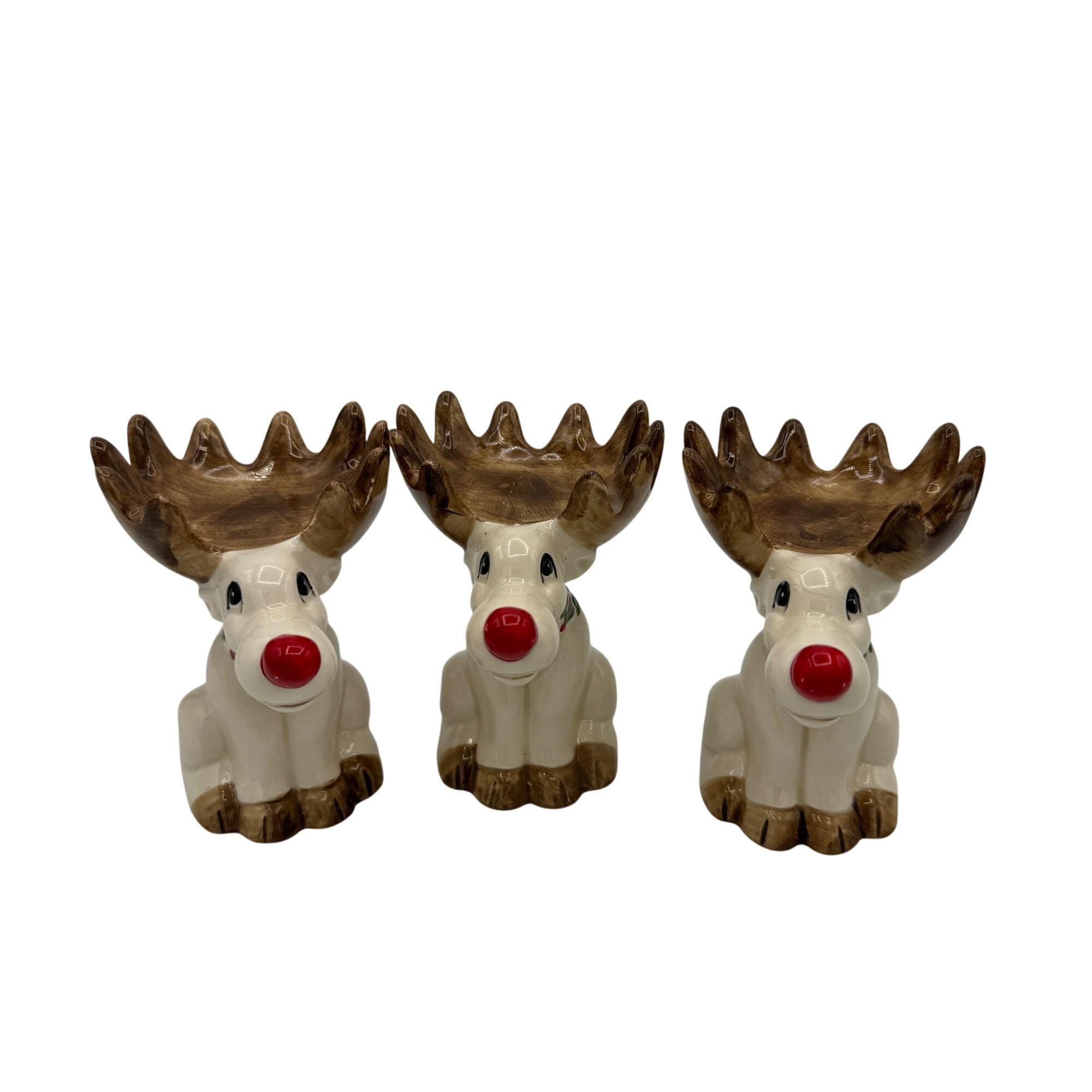 Set of 3 Ceramic Reindeer Candle Holders With Red Noses