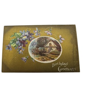 Vintage Embossed Birthday Greeting Postcard With Floral & Cottage Scene