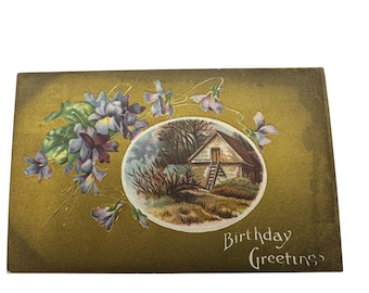 Vintage Embossed Birthday Greeting Postcard With Floral & Cottage Scene