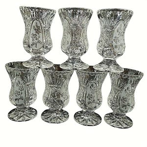Vintage Pressed Glass Footed Juice Glasses Clear Flowers Diamonds Lot of 6