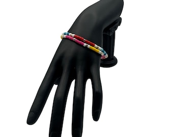 Colorful Beaded Stretch Bracelet Set With Multicolor Discs And Silver Accents