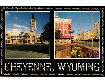 Cheyenne Wyoming Vintage Postcard Featuring Union Pacific & Wrangler Iconic Scenes