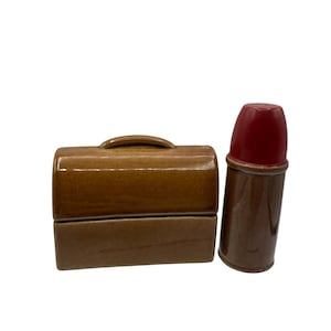Vintage Brown Ceramic Lunchbox & Thermos Shaped Salt And Pepper Shakers