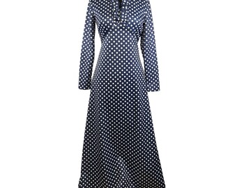 70's Navy Polka Dot V Neck Ruffle Collar Long Sleeve Maxi Dress