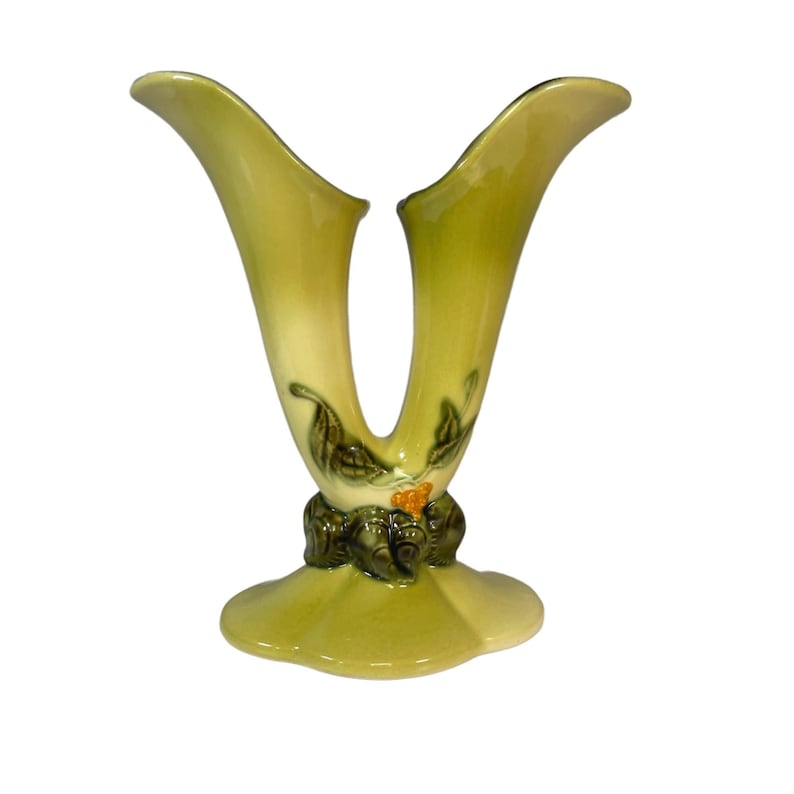 Vintage Hull Pottery Woodland Double Bud Vase Green W/ Pink Floral W15