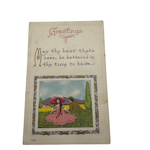 Carte postale vintage 1914, voeux avec illustration et note manuscrite