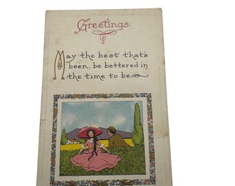 Postal vintage de 1914 con ilustración y nota manuscrita