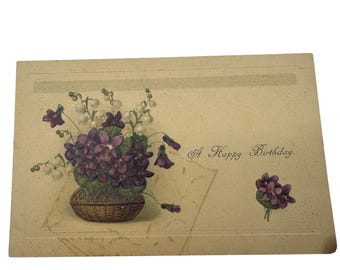 Antique 1912 Embossed Happy Birthday Postcard With Violet Basket Illustration