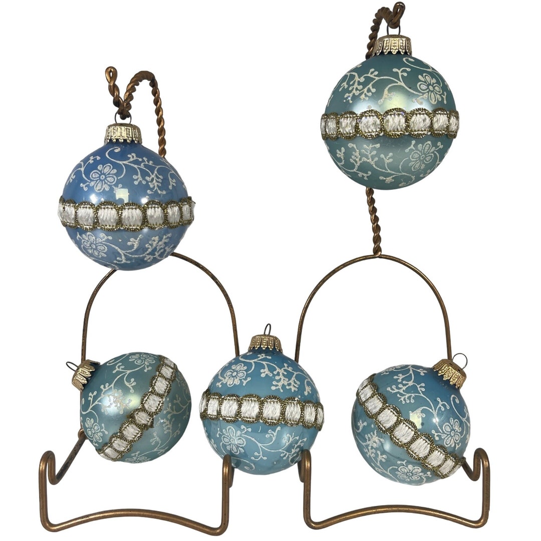 Vintage Blue Glass Ornaments Gold Trim Set of 5 Various Colors and