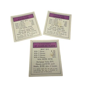 Cartes de titre de propriété de monopole vintage des années 1960 St Charles Place Virginia Ave States Ave
