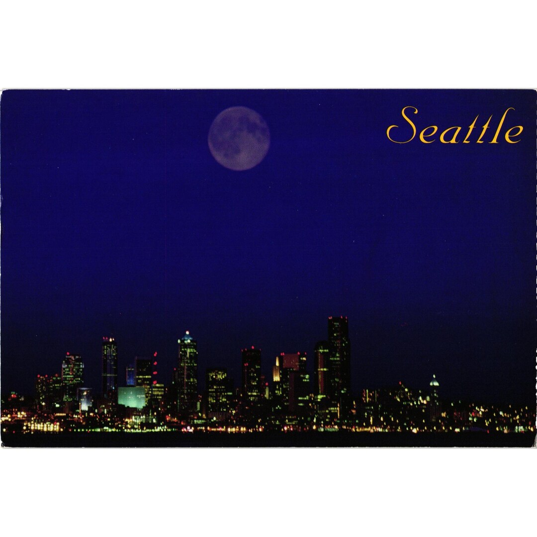 Seattle Skyline Night Moonlit Postcard Photo by Charles Adams - Etsy