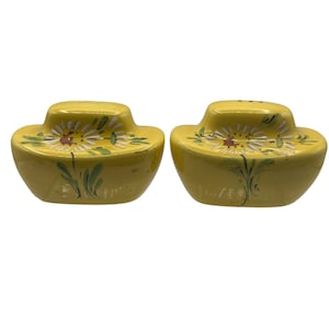 Vintage Yellow Ceramic Salt & Pepper Shakers With Hand Painted Daisy Design