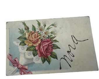 Vintage 1908 Postkarte Mit Blumenstrauß & Pink Ribbon Design